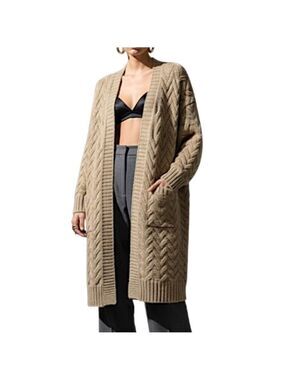 Sarah John France tan chunky knit open front Italian made wool blend cardigan